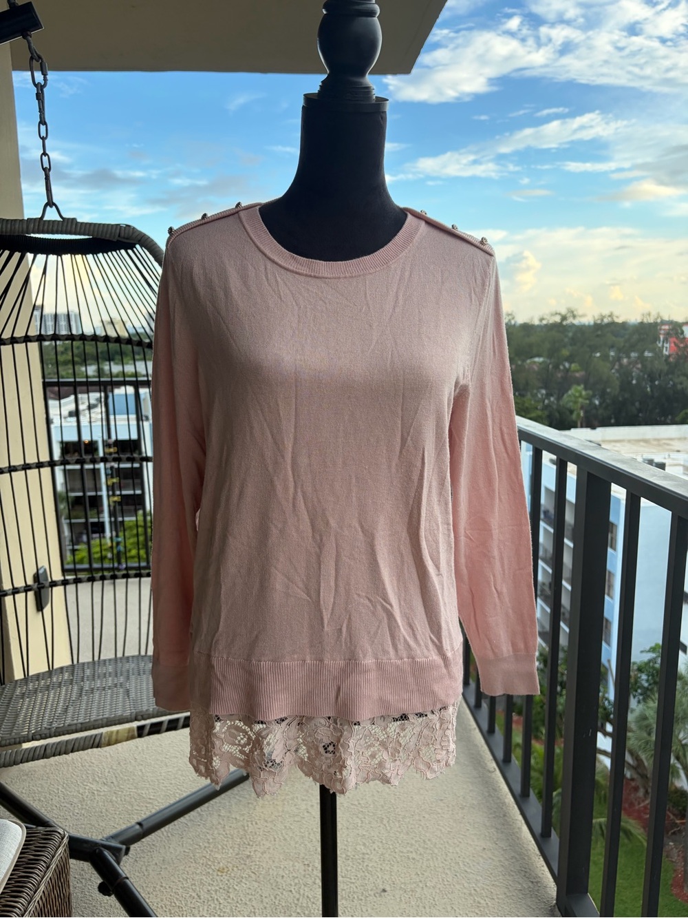 Karl Lagerfeld Paris Blush Pink Lace Hem Sweater Shoulder Buttons Womens Large